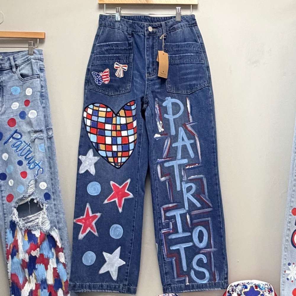 Hand-Painted Dark Blue Women's Jeweled Heart Jeans